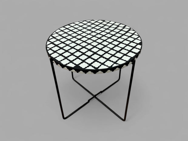Black and White Resin Round Side Table with Black & Gold Iron Folding Base
