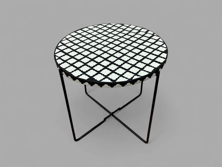 Black and White Resin Round Side Table with Black & Gold Iron Folding Base