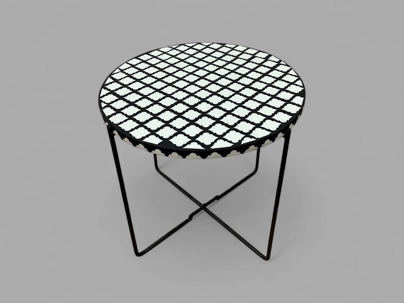 Black and White Resin Round Side Table with Black & Gold Iron Folding Base