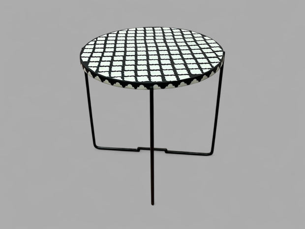 Black and White Resin Round Side Table with Black & Gold Iron Folding Base