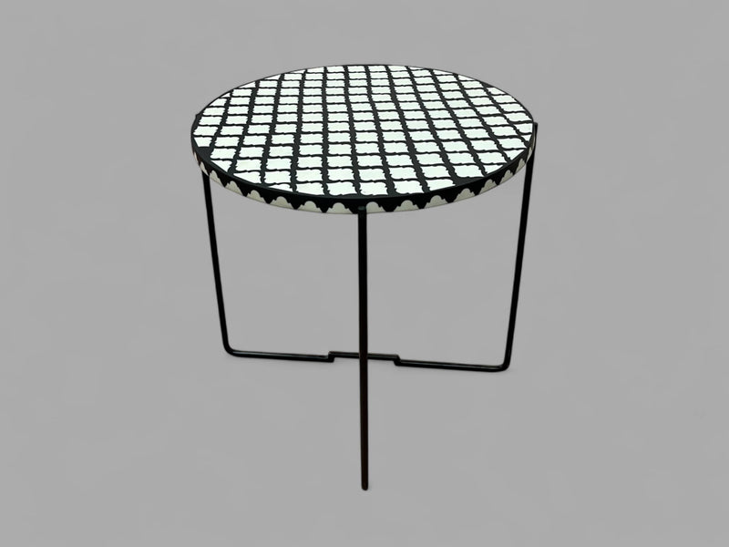 Black and White Resin Round Side Table with Black & Gold Iron Folding Base