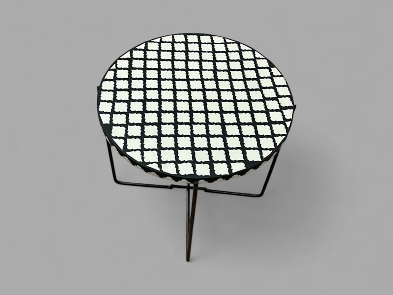 Black and White Resin Round Side Table with Black & Gold Iron Folding Base
