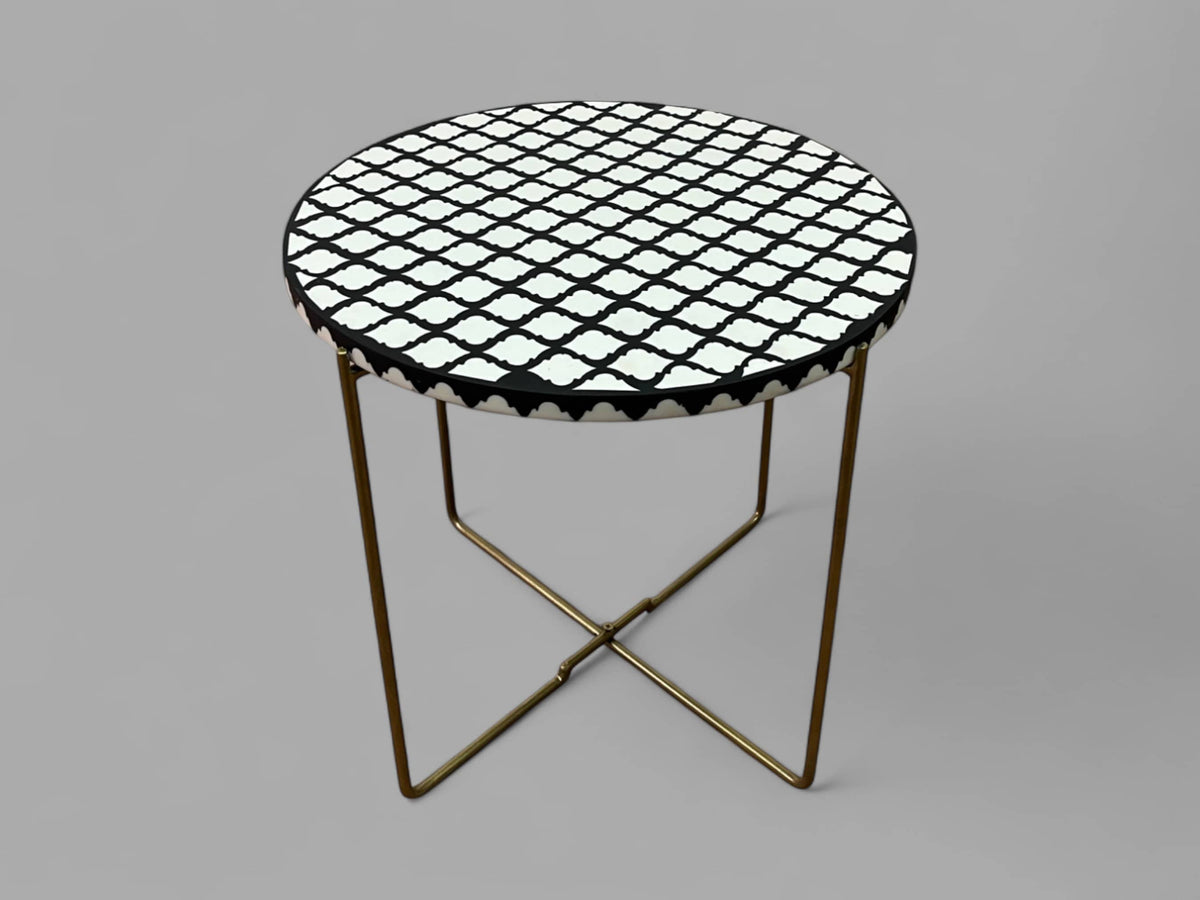 Black and White Resin Round Side Table with Black & Gold Iron Folding Base