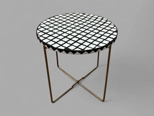 Black and White Resin Round Side Table with Black & Gold Iron Folding Base