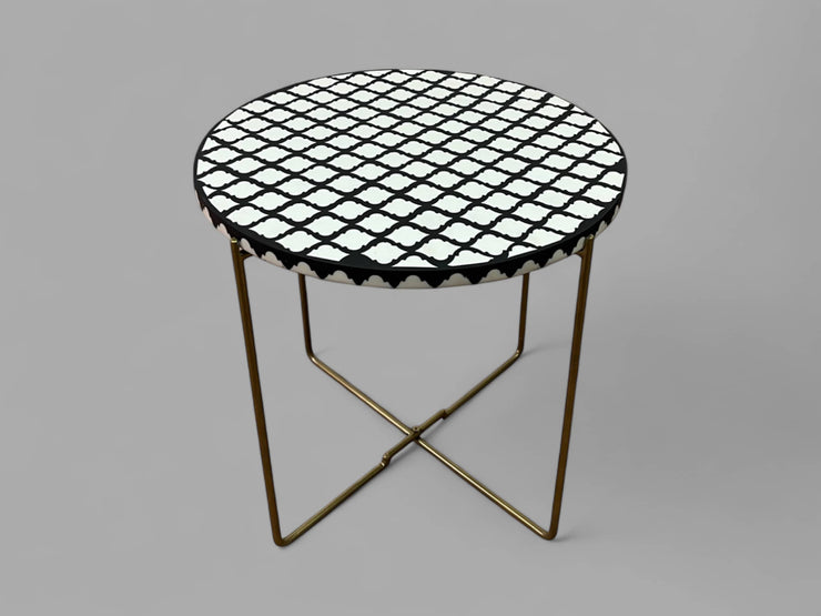 Black and White Resin Round Side Table with Black & Gold Iron Folding Base