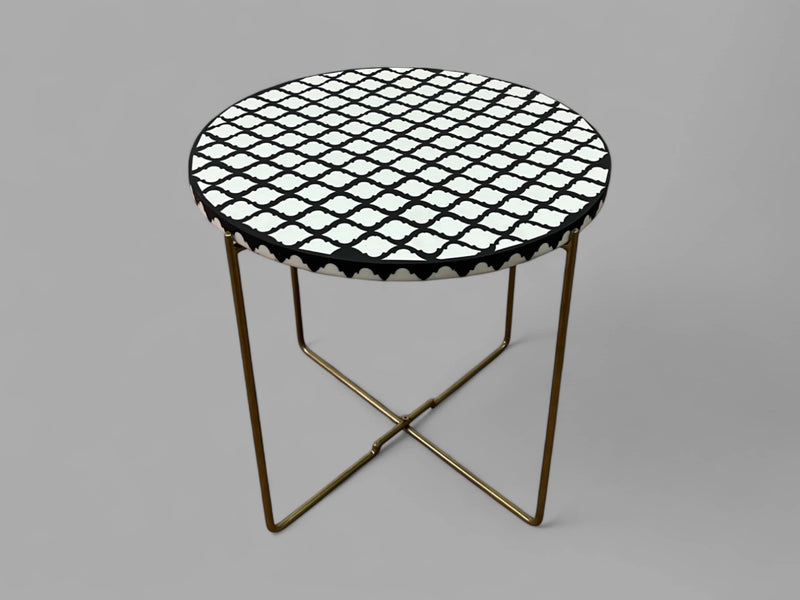 Black and White Resin Round Side Table with Black & Gold Iron Folding Base