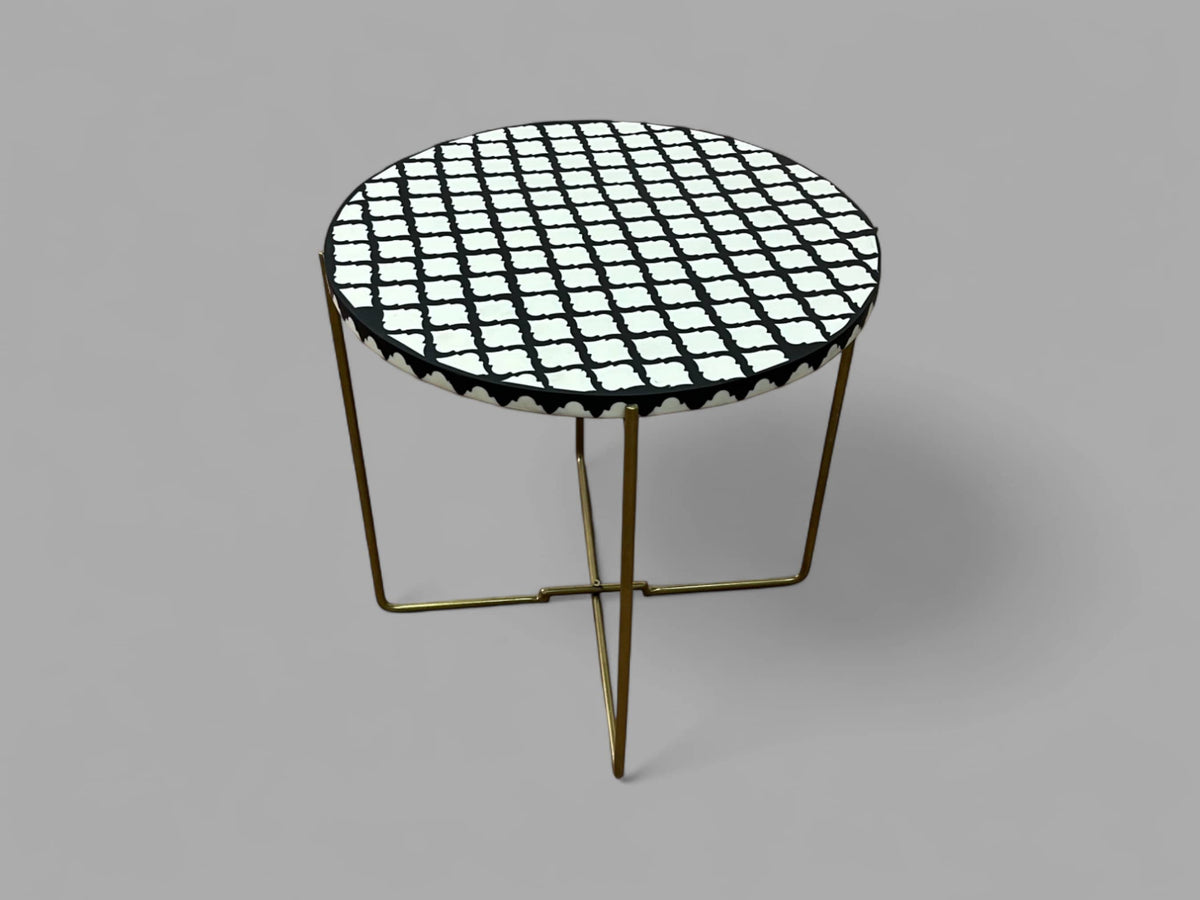 Black and White Resin Round Side Table with Black & Gold Iron Folding Base