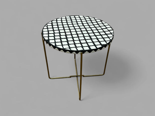 Black and White Resin Round Side Table with Black & Gold Iron Folding Base