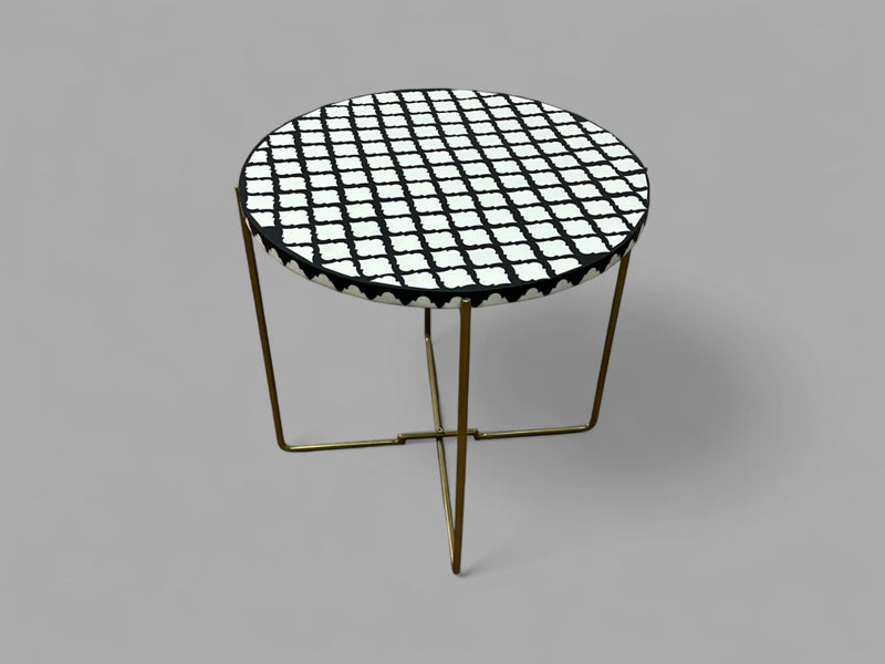 Black and White Resin Round Side Table with Black & Gold Iron Folding Base