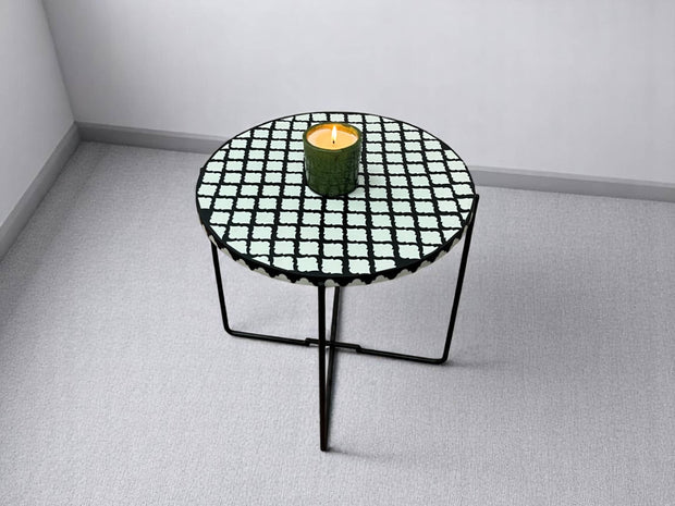 Black and White Resin Round Side Table with Black & Gold Iron Folding Base