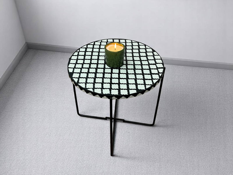 Black and White Resin Round Side Table with Black & Gold Iron Folding Base