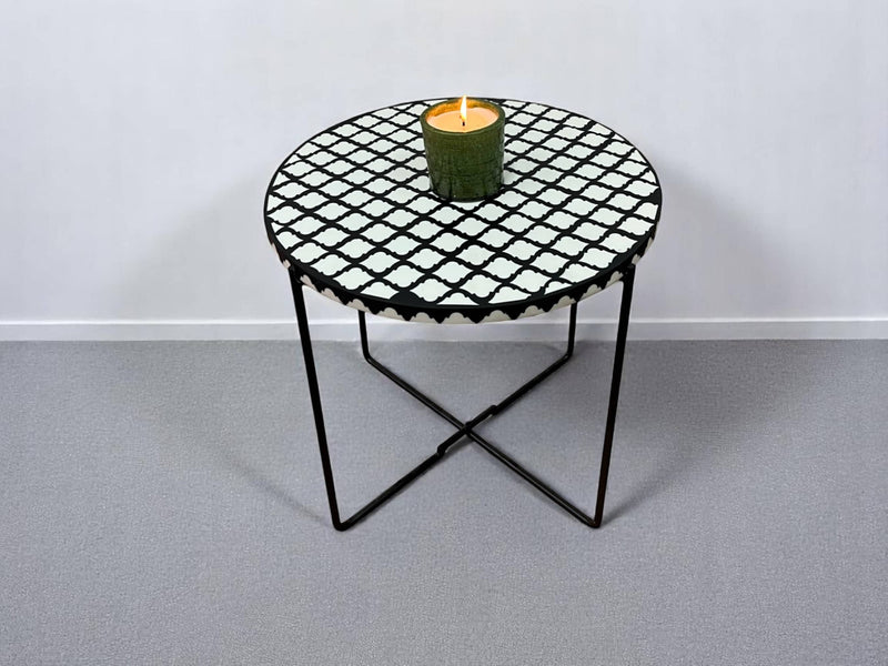 Black and White Resin Round Side Table with Black & Gold Iron Folding Base
