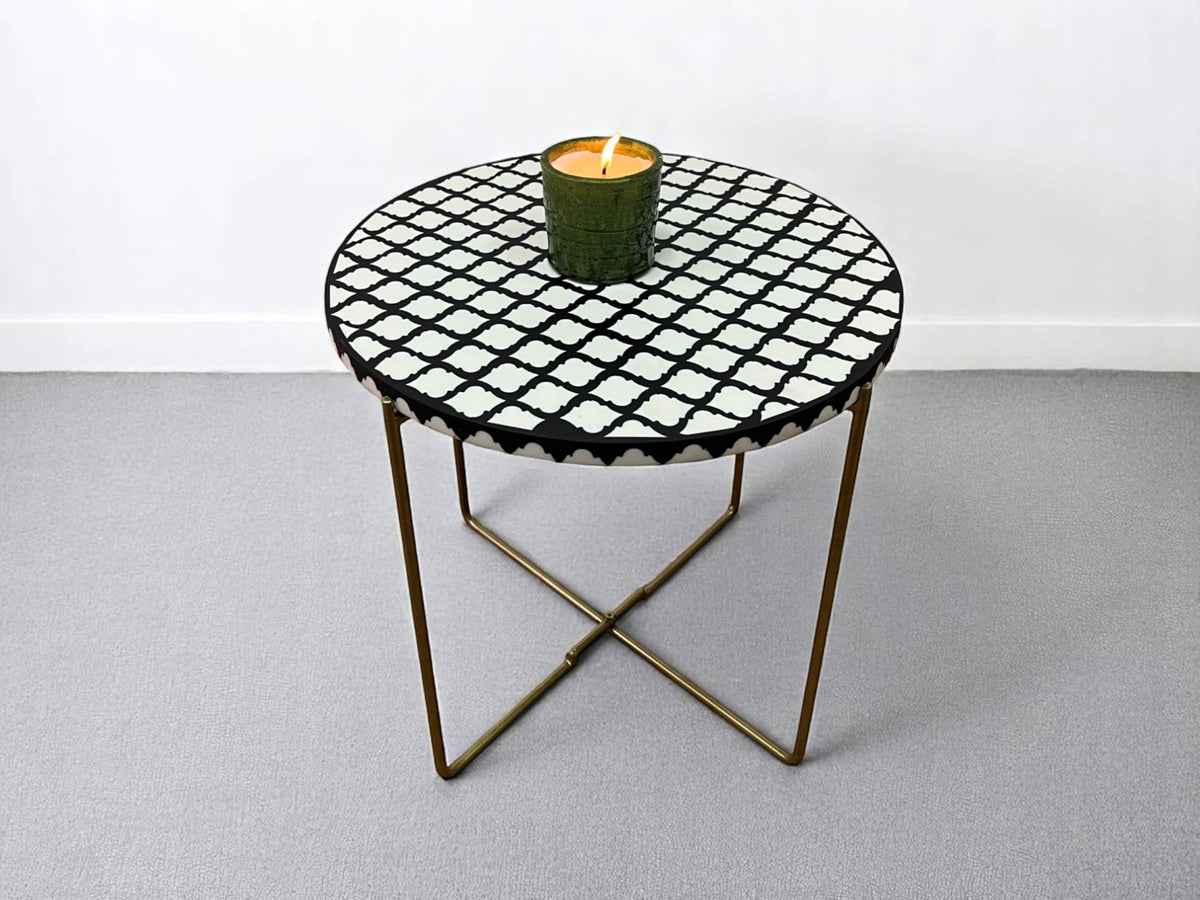 Black and White Resin Round Side Table with Black & Gold Iron Folding Base