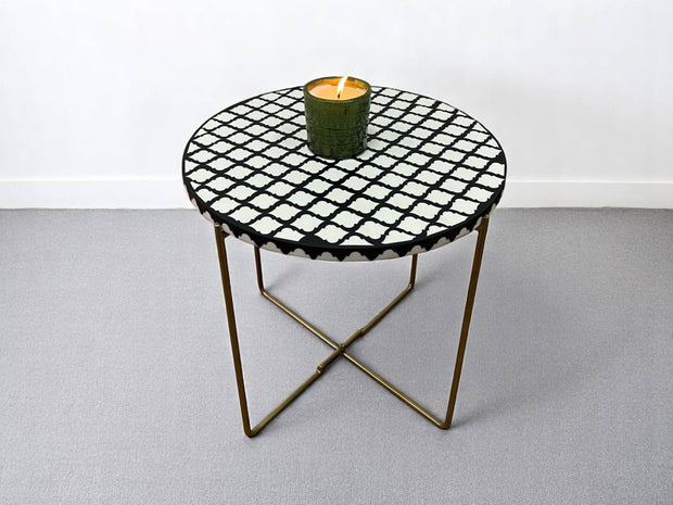 Black and White Resin Round Side Table with Black & Gold Iron Folding Base