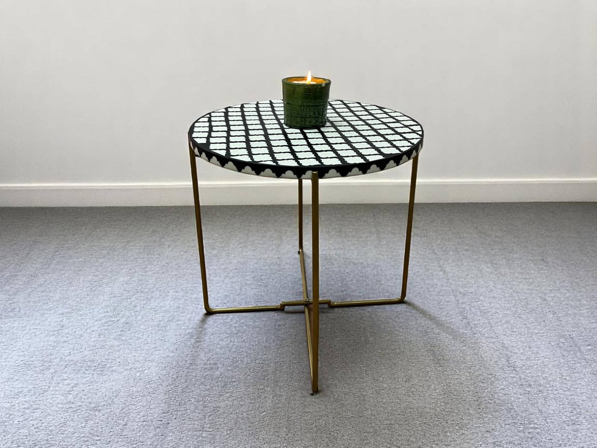 Black and White Resin Round Side Table with Black & Gold Iron Folding Base