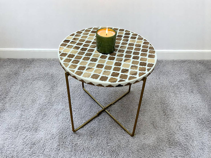 White Resin and Walnut Wood Round Side Table