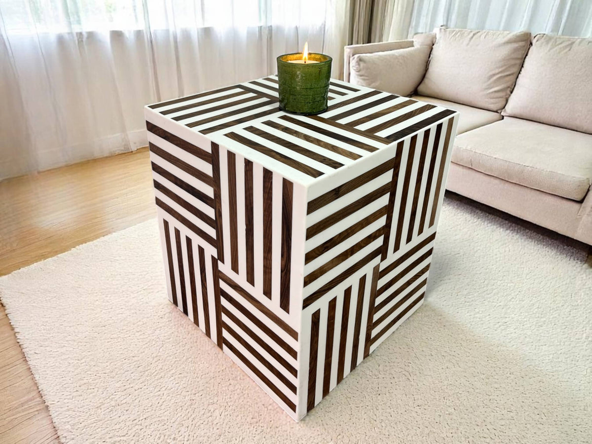 Square Walnut Wood and White Resin Side Table