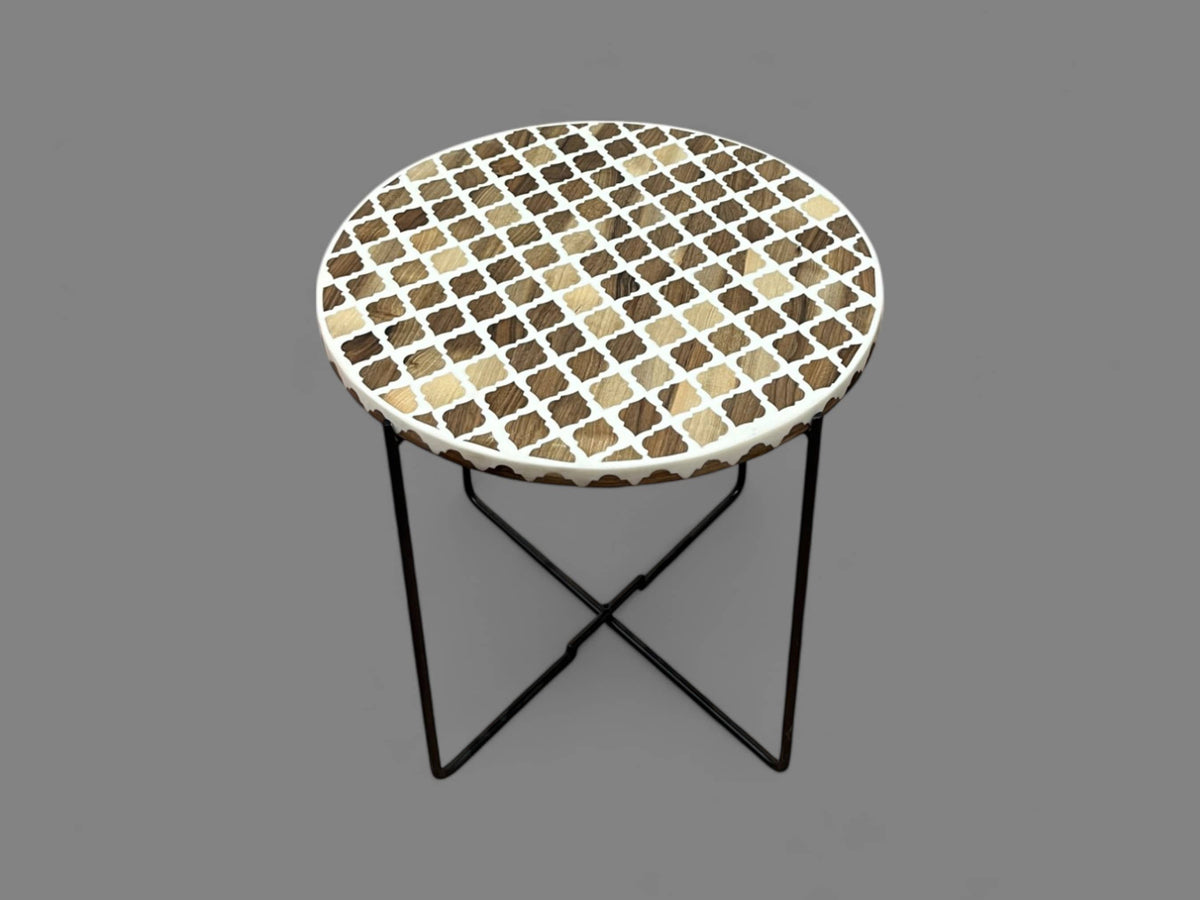 White Resin and Walnut Wood Round Side Table