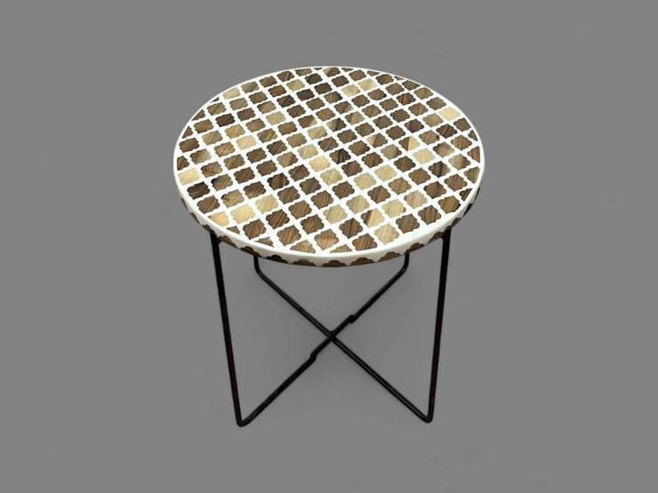 White Resin and Walnut Wood Round Side Table