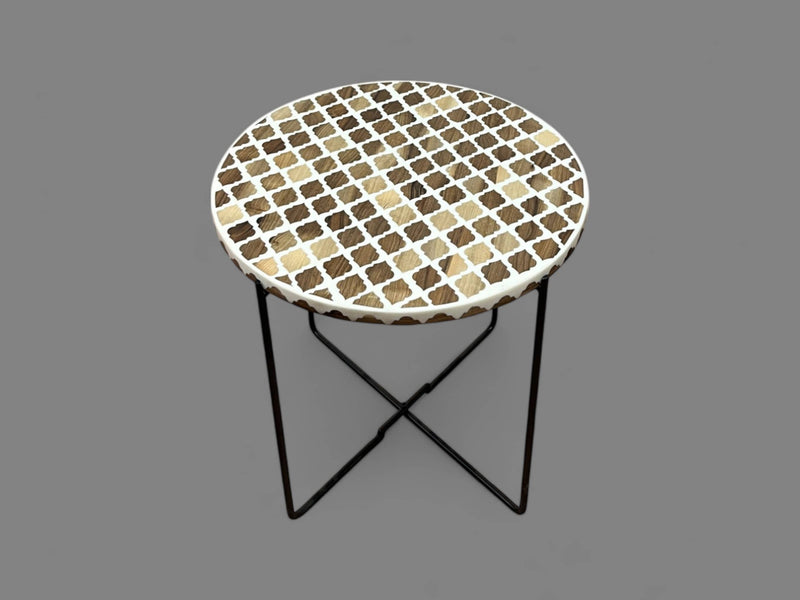 White Resin and Walnut Wood Round Side Table