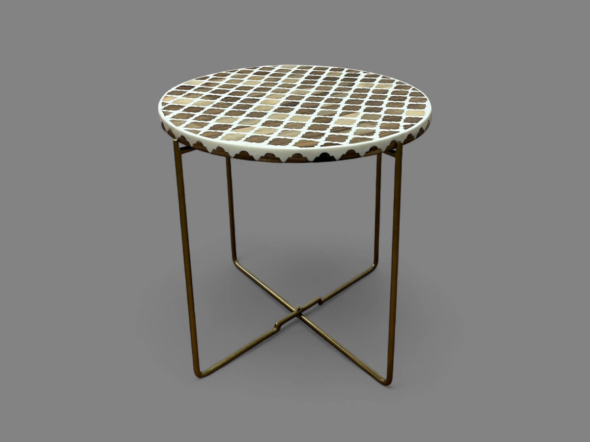 White Resin and Walnut Wood Round Side Table