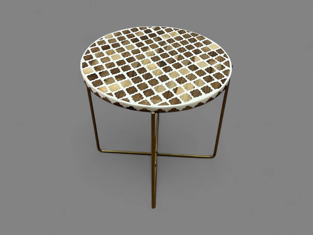 White Resin and Walnut Wood Round Side Table