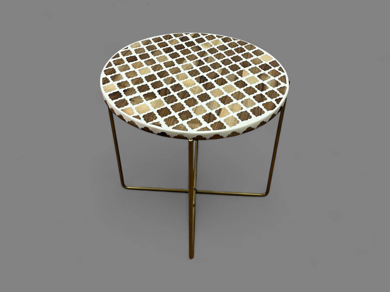 White Resin and Walnut Wood Round Side Table