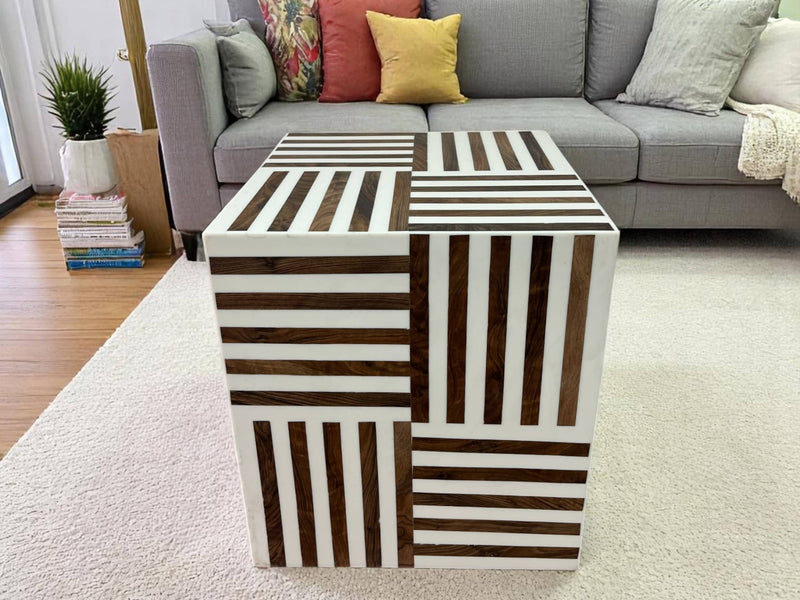 Square Walnut Wood and White Resin Side Table