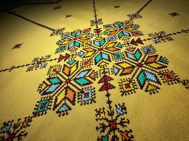 Yellow Hand Embroidered Table cloth and napkins, a magnificent decoration to add a Moroccan touch to your home. - handmade by Moroccantastics - colorful, cotton, custom, embroidered, embroidery, geometric, handmade, home decor, linen, napkins, patterned, polyster, tablecloth