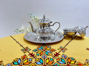 Yellow Hand Embroidered Table cloth and napkins, a magnificent decoration to add a Moroccan touch to your home. - handmade by Moroccantastics - colorful, cotton, custom, embroidered, embroidery, geometric, handmade, home decor, linen, napkins, patterned, polyster, tablecloth