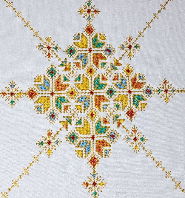 Orange Hand Embroidered Table cloth and napkins, a magnificent decoration to add a Moroccan touch to your home. - handmade by Moroccantastics - colorful, cotton, custom, embroidered, embroidery, geometric, handmade, home decor, linen, napkins, patterned, polyster, tablecloth