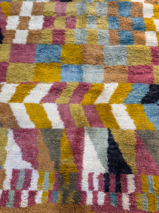 Handwoven Moroccan Bjaad carpet with checker and chevron geometric design in multicolor wool, 267 × 155 cm