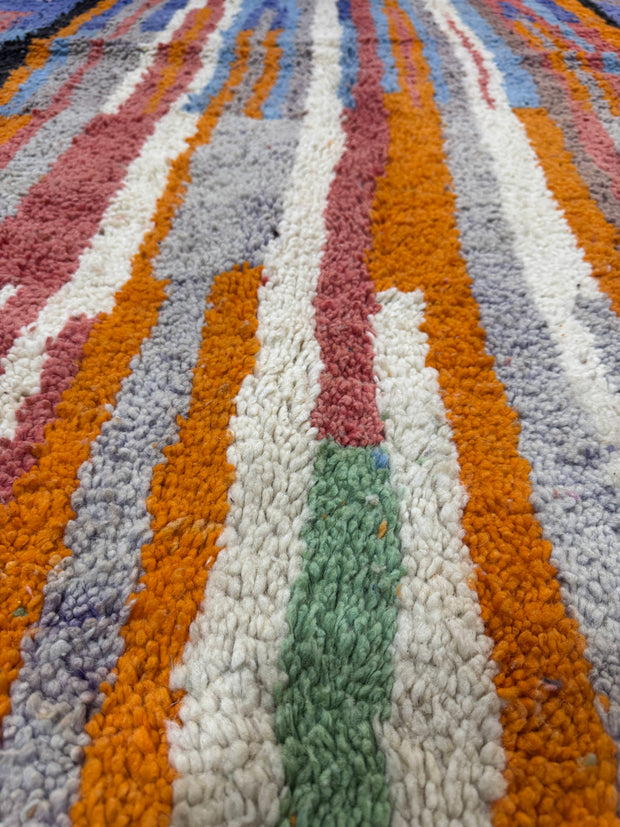 Handwoven Moroccan Bjaad carpet with abstract tribal striped design in multicolor wool, 242 × 166 cm