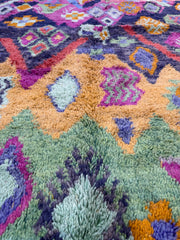 Handwoven Moroccan Bjaad carpet with tribal jewel geometric motifs in multicolor wool, 252 × 164 cm