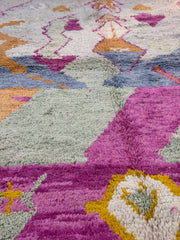Handwoven Moroccan Bjaad carpet with soft tribal geometric design in multicolor wool, 244 × 160 cm