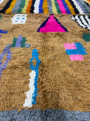 Handwoven Moroccan Bjaad carpet with desert glyph and multicolor stripe design in wool, 240 × 160 cm