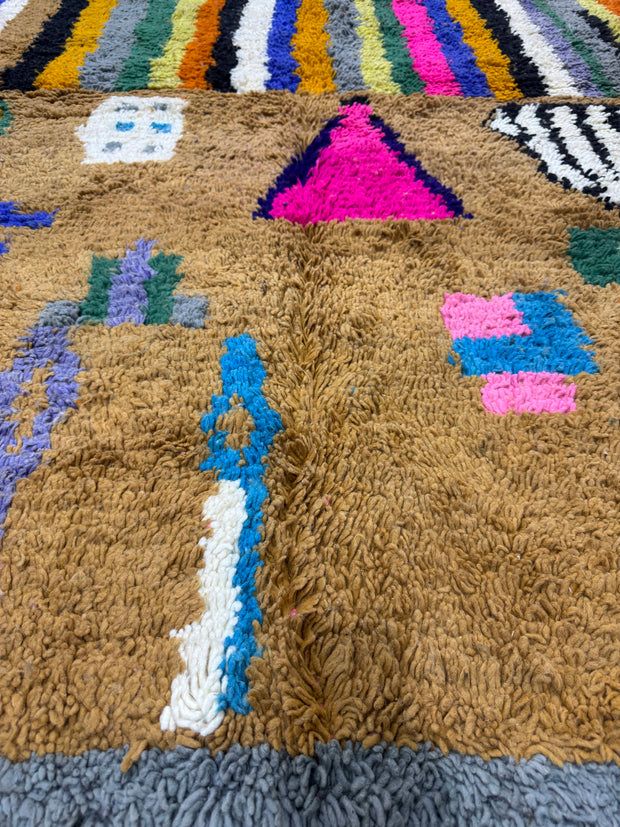 Handwoven Moroccan Bjaad carpet with desert glyph and multicolor stripe design in wool, 240 × 160 cm