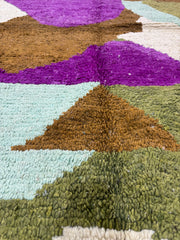 Handwoven Moroccan Bjaad carpet with earthy geometric and amethyst design in multicolor wool, 236 × 165 cm