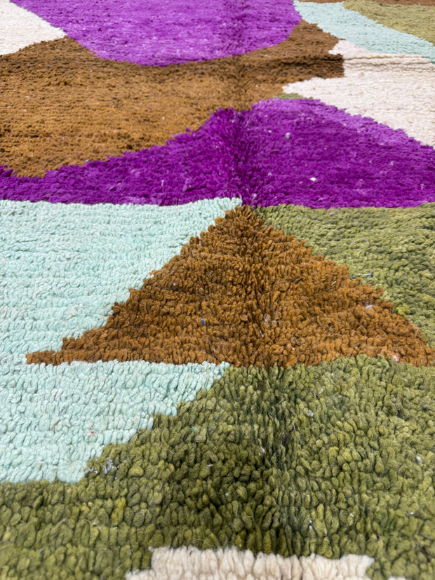 Handwoven Moroccan Bjaad carpet with earthy geometric and amethyst design in multicolor wool, 236 × 165 cm