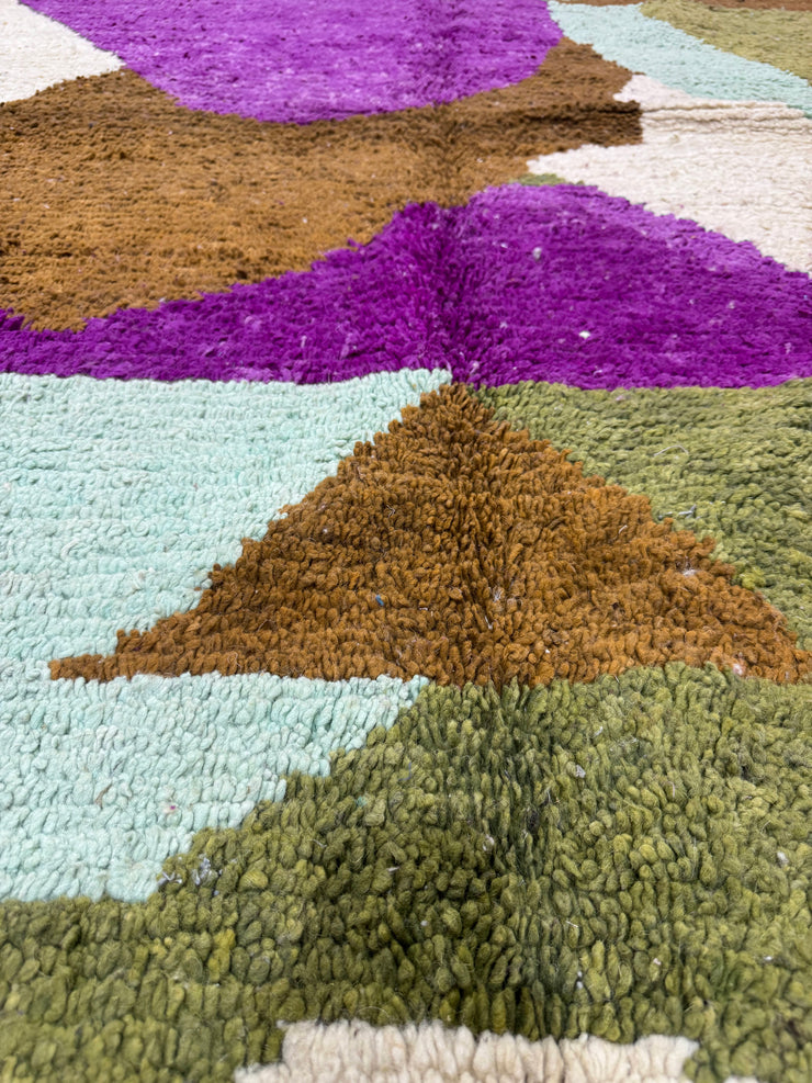 Handwoven Moroccan Bjaad carpet with earthy geometric and amethyst design in multicolor wool, 236 × 165 cm