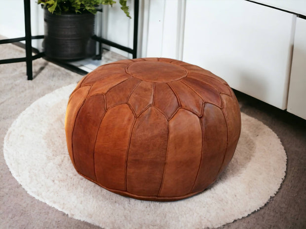 Moroccan Majesty: Enrich Your Home with Our Exquisite Tobacco Leather Ottoman Pouf - handmade by Moroccantastics - leather work, round pouf