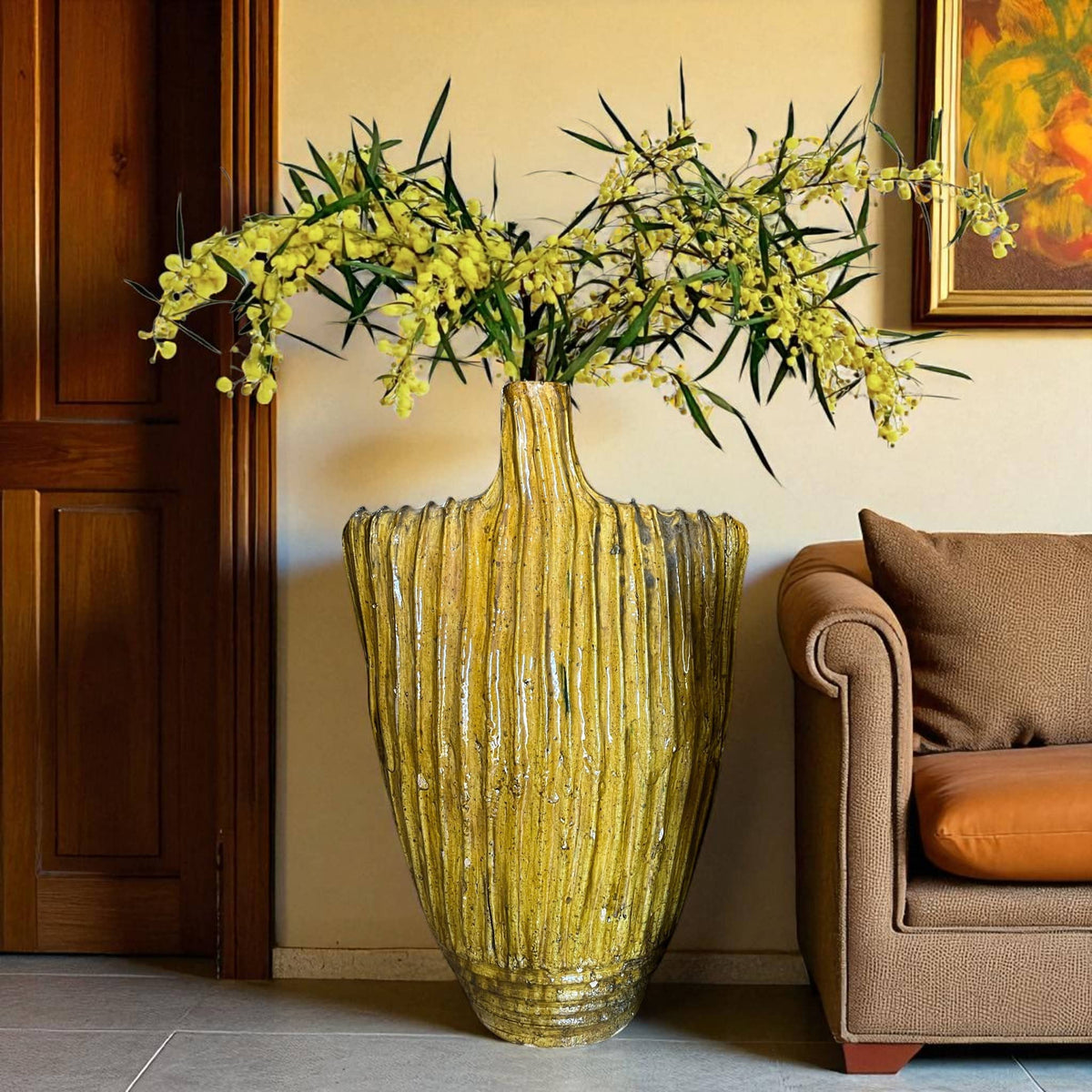 Large Yellow Tamegroute Vase – 90 cm Handmade Moroccan Ceramic Sculpture