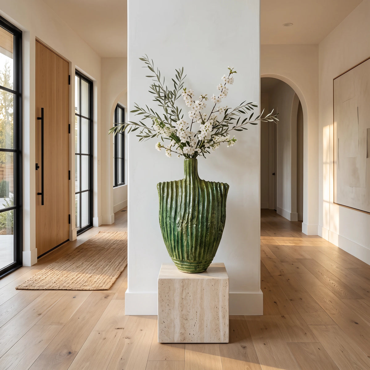Large Sculptural Tamegroute Floor Vase | Handmade Moroccan Green Ceramic Vase (90 cm)