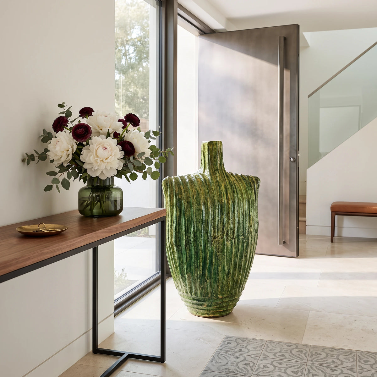 Large Sculptural Tamegroute Floor Vase | Handmade Moroccan Green Ceramic Vase (90 cm)