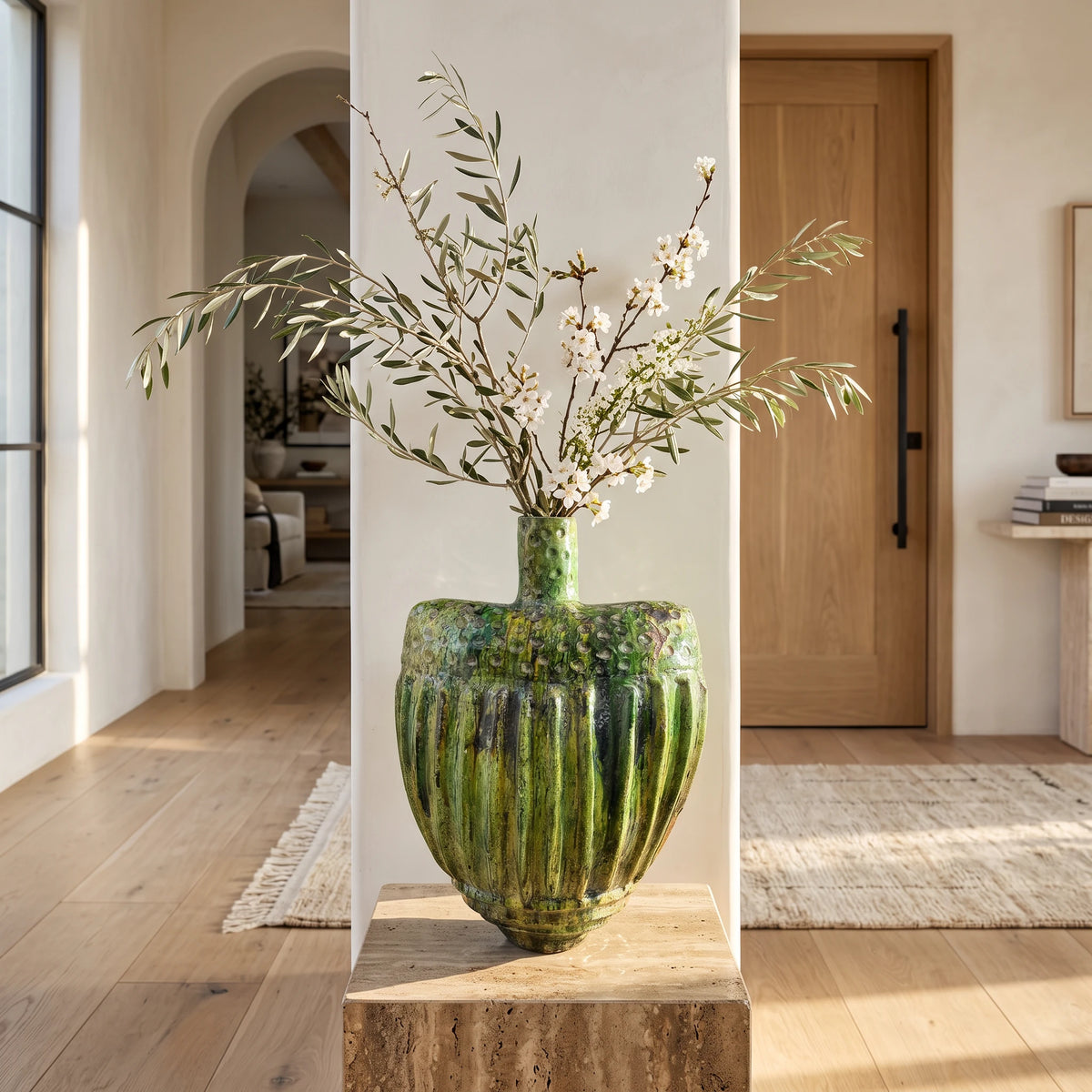 Large handmade sculptural Tamegroute ceramic vase with traditional green glaze from Morocco, 50 cm