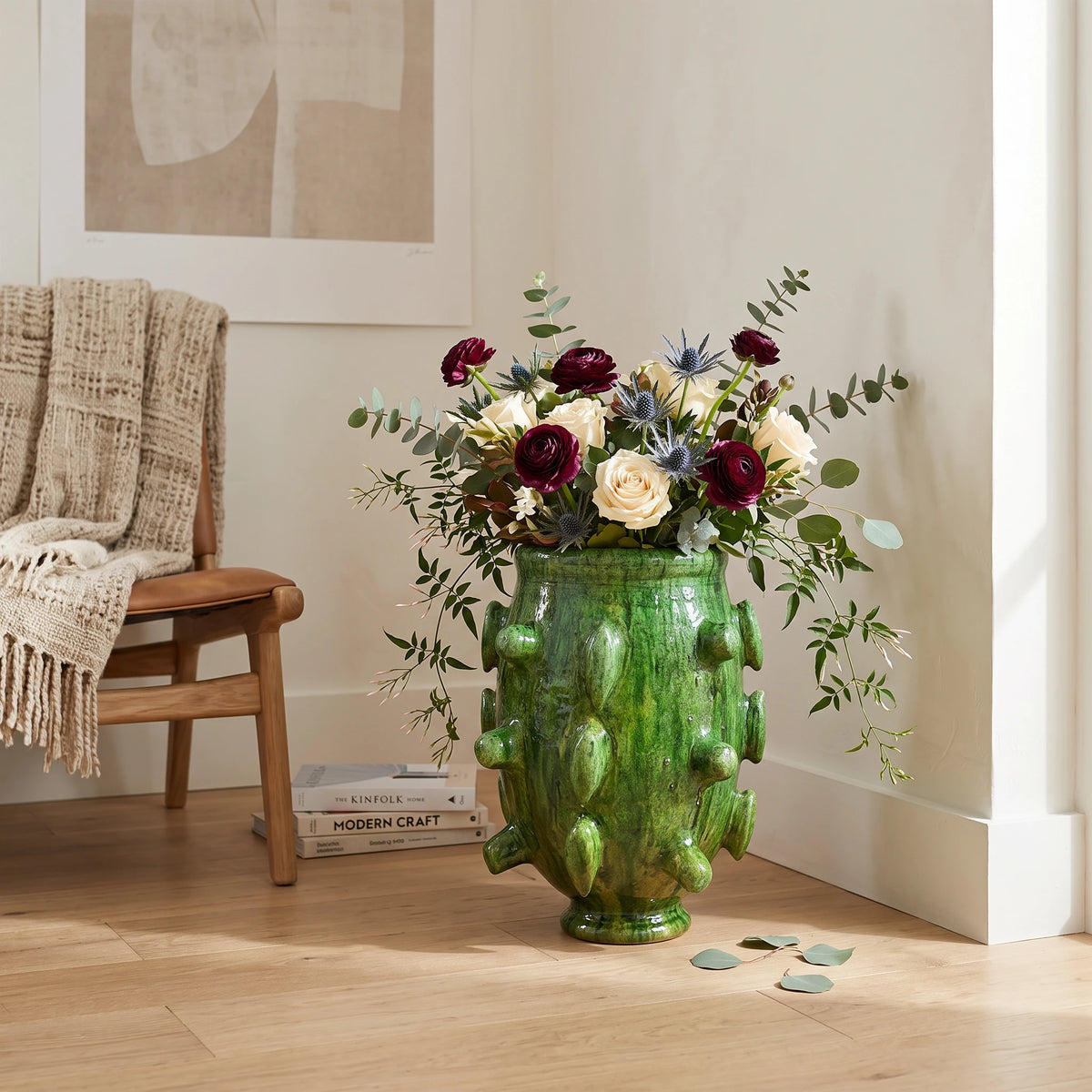 Large handmade green Tamegroute sculptural ceramic vase with raised decorative details, handcrafted in Morocco.