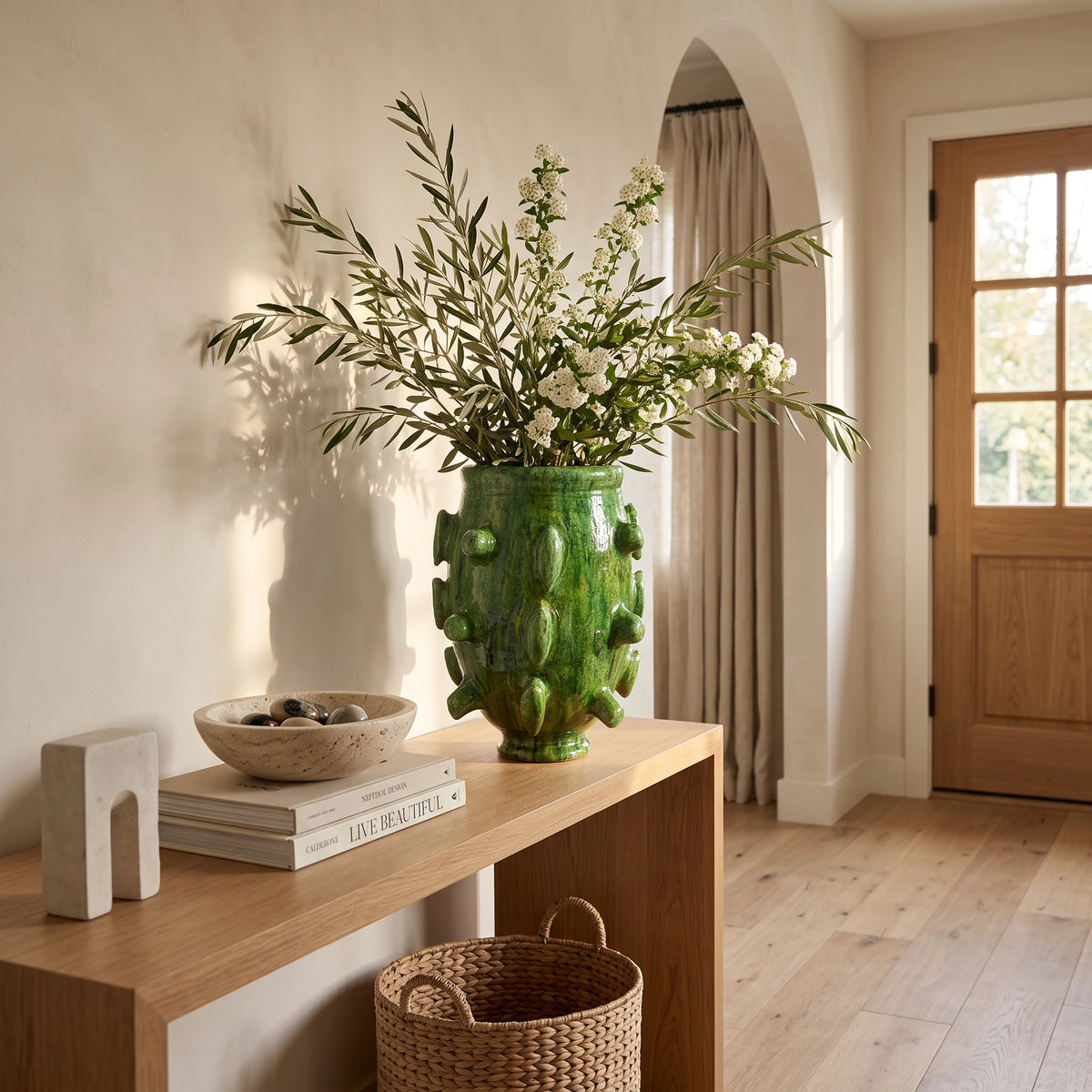 Large handmade green Tamegroute sculptural ceramic vase with raised decorative details, handcrafted in Morocco.