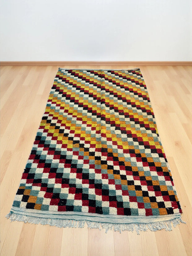 Handwoven Moroccan Bjaad carpet with mosaic checker pattern in multicolor wool, 257 × 154 cm