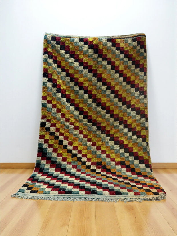 Handwoven Moroccan Bjaad carpet with mosaic checker pattern in multicolor wool, 257 × 154 cm
