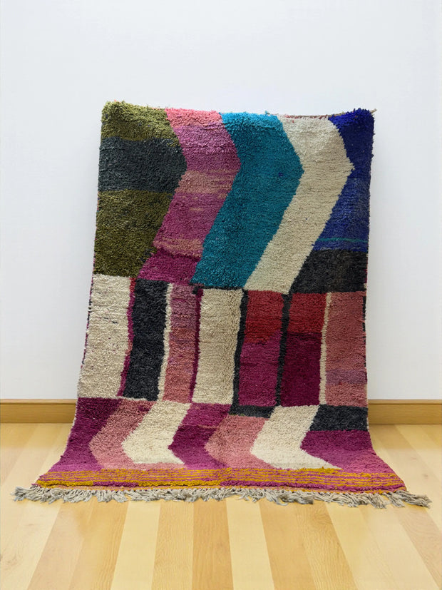 Handwoven Moroccan Bjaad carpet with bold chevron and color-block pattern in multicolor wool, 241 × 161 cm